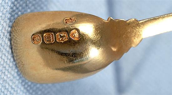 A good pair of Victorian cast silver gilt salt cellars and spoons, by Jane Brownett? height 40mm, weight 7.3 oz/230grms.